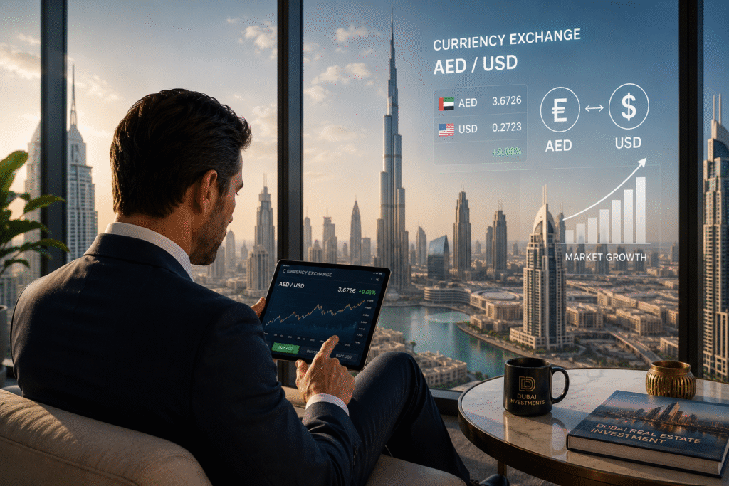 Investor analyzing currency exchange rates for Dubai real estate investment with the Dubai skyline in the background.