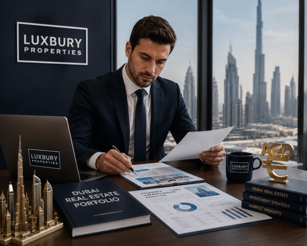 Investor reviewing Dubai property documents for Golden Visa