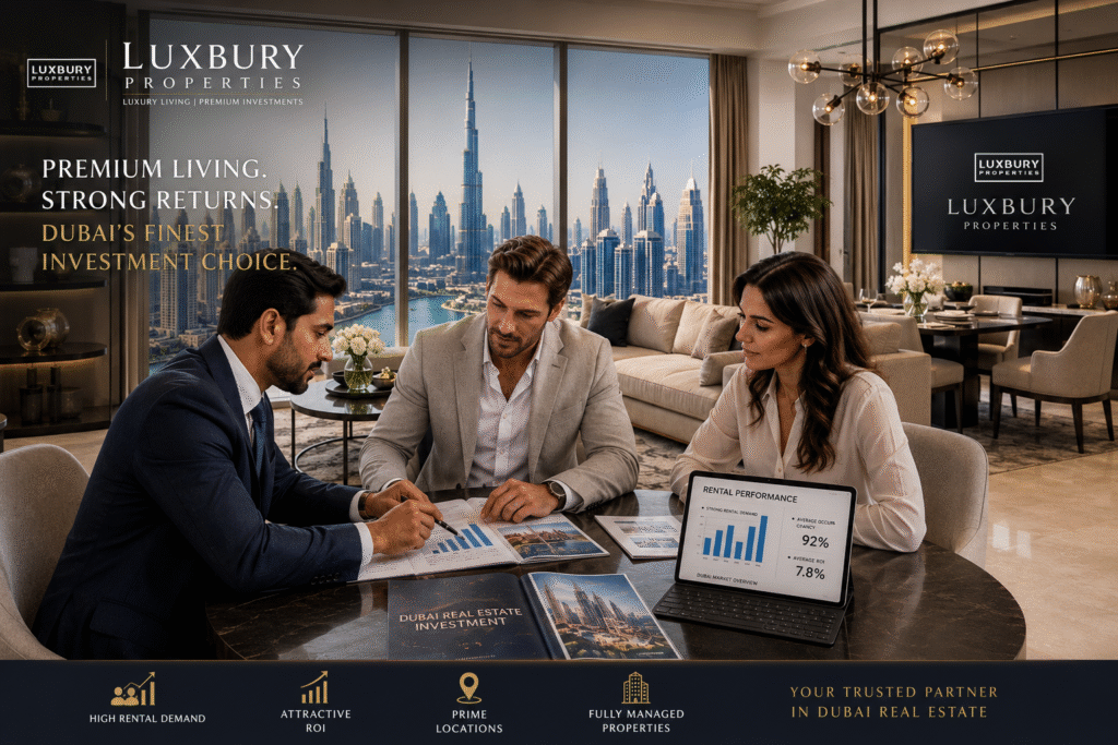 Fully Furnished Apartments in Dubai featuring a modern luxury living room with elegant furniture, smart home features, and panoramic skyline views.